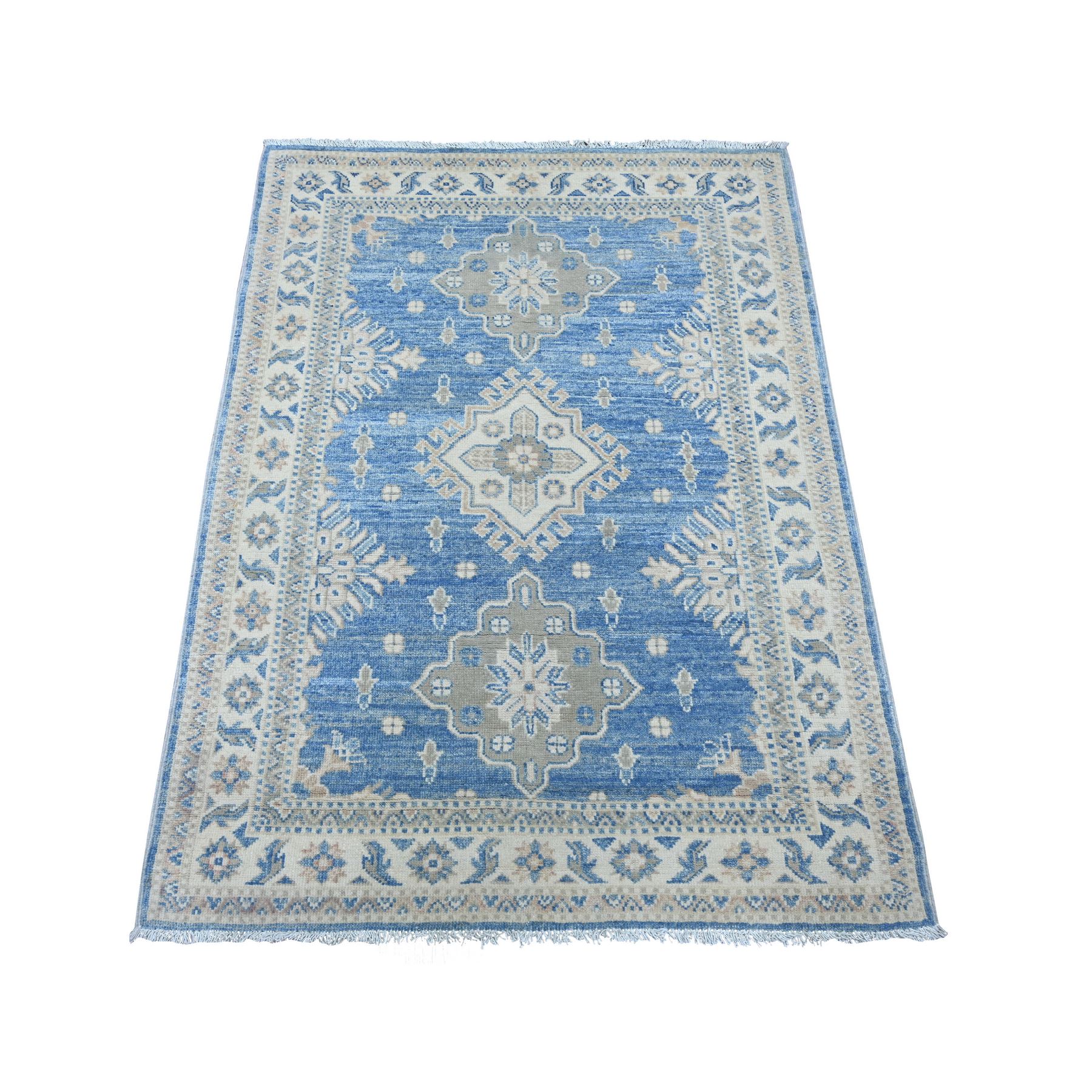 3'4"x4'6" Marlin Blue, Vintage Look Kazak with Geometric Medallions, Hand Knotted, 100% Wool, Natural Dyes, Oriental Rug 